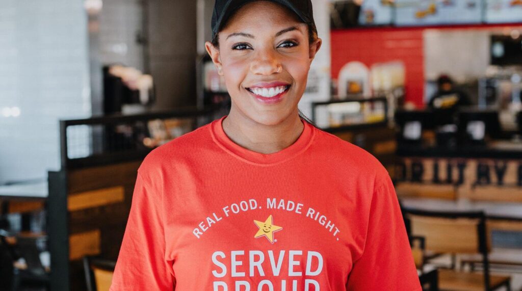proud happy server of burger chain woman