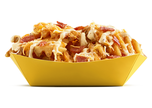 Crispy waffle fries loaded with grilled onions, bacon, peppercorn sauce, and shredded cheddar cheese.