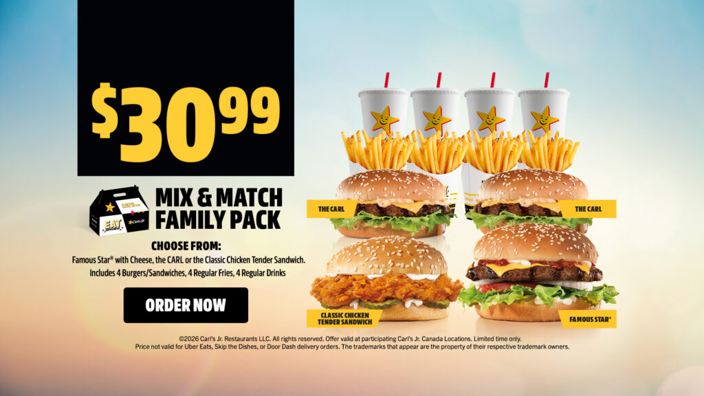 Carl’s Jr. $30.99 mix and match family bundle with burgers, chicken sandwiches, fries, and drinks