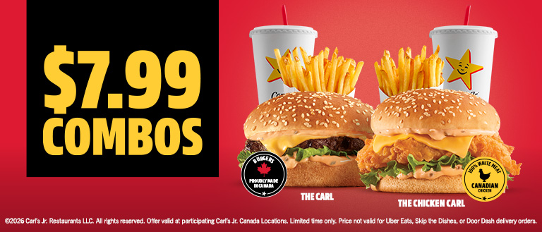 Carl’s Jr. $7.99 combo meal with choice of beef or chicken burger, fries, and drink