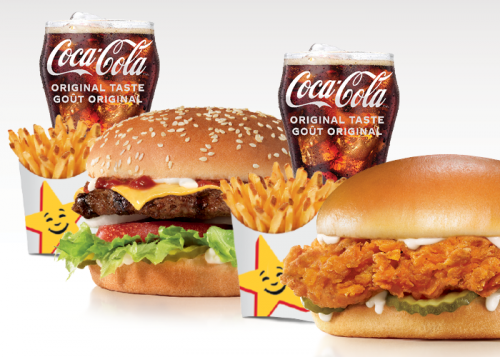 two drinks, two fries and a chicken sandwich and a burger